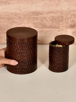 Living With Elan - Dabbahs and Days Round Wooden Storage Containers for Spices with Spoon Set Of 2