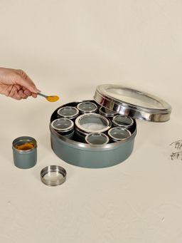 Living With Elan - 9 Compartment Spice Box with Spoon and Lids -Moss Green