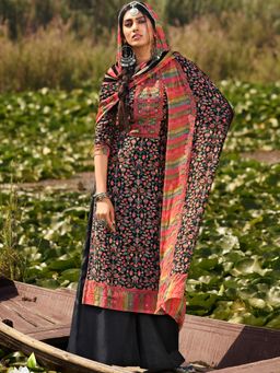 Stylee LIFESTYLE - Black Pashmina Printed Unstitched Dress Material (Set of 3)