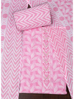 SALWAR STUDIO - Pink Cotton Floral Beads And Stones Unstitched Dress Material (Set of 3)