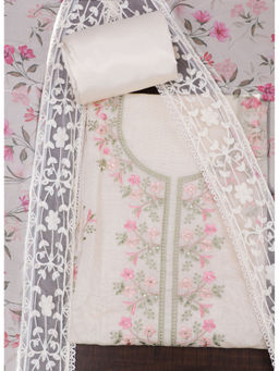 SALWAR STUDIO - Beige Tissue Embroidered Thread Work Unstitched Dress Material (Set of 3)