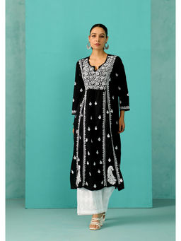 House of Chikankari - Chandni Chikankari Cotton A-Line Black Kurta