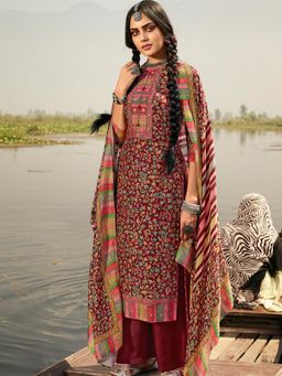 Stylee LIFESTYLE - Maroon Pashmina Printed Unstitched Dress Material (Set of 3)