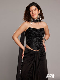 Asaga - Black Flutter Tulle Blouse with Lehenga and Dupatta (Set of 3)