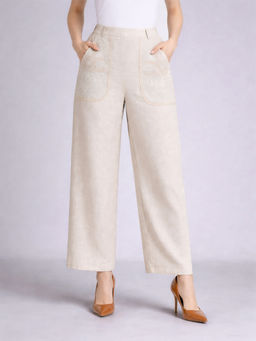 SHAYE - Beige Embroidered Wide Leg Cotton Pant