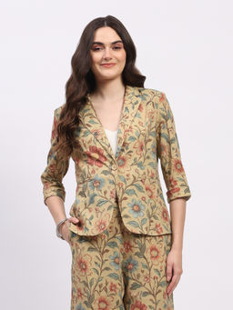 Global Republic - Beige Cotton Floral Print Notched Lapel Blazer