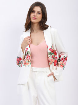 Global Republic - White Floral Print Lapel Neck Blazer