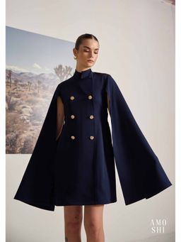 AMOSHI - Navy Blue Solid/Plain Cape Sleeve Dress with Belt (Set of 2)