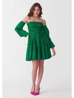 AMOSHI - Green Solid/Plain Dita Dress with Detachable Pair Sleeves (Set of 2)