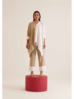 AMOSHI - Beige Colour Block Duo Kaftan with Pant (Set of 2)