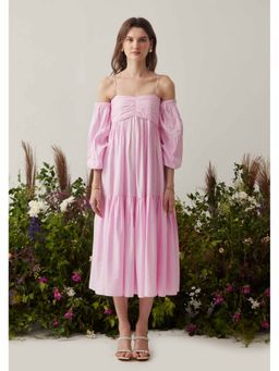 AMOSHI - Pink Pleated Lea Dress with Detachable Sleeves (Set of 2)