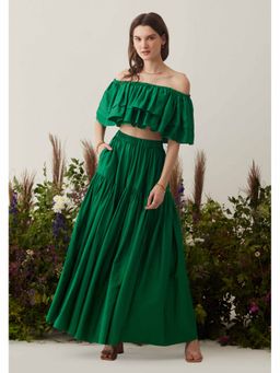AMOSHI - Green Solid/Plain Stella Crop Top with Skirt (Set of 2)