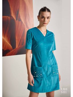 AMOSHI - Blue Embellished/Sequined Teal Suede Dress