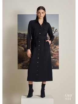 AMOSHI - Black Solid/Plain Tress Midi Dress with Belt (Set of 2)