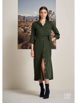 AMOSHI - Olive Solid/Plain Tress Midi Dress with Belt (Set of 2)