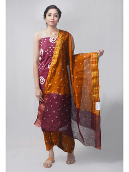 Unnati Silks - Unstitched Maroon Ochre Pure Bandhani Cotton Salwar Kameez (Set of 3)