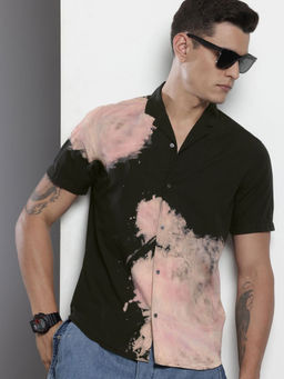 The Indian Garage Co - Men Relaxed Fit Black Tie & Dye Half Sleeves Cuban Collar Shirt