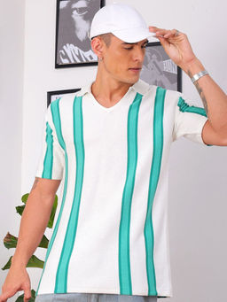 The Indian Garage Co - Men Relaxed Fit White Striped Half Sleeves Johnny Polo T-Shirt