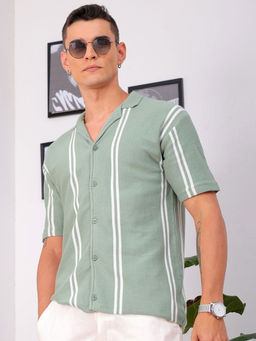 The Indian Garage Co - Men Relaxed Fit Olive Striped Half Sleeves Cuban Collar Shirt