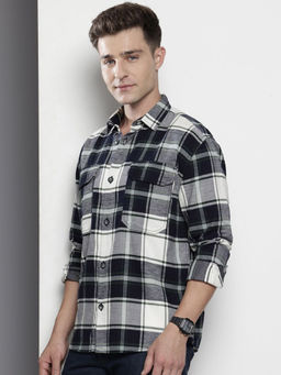 The Indian Garage Co - Men Regular Fit Navy Blue Checked Full Sleeves Cutaway Collar Overshirt