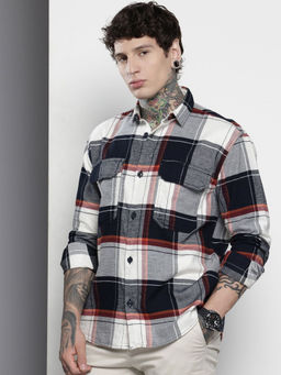 The Indian Garage Co - Men Regular Fit Navy Blue Checked Full Sleeves Cutaway Collar Overshirt