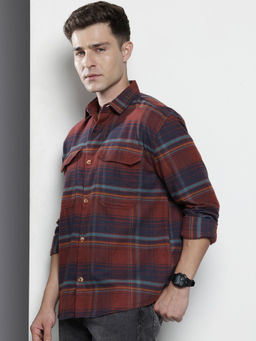 The Indian Garage Co - Men Regular Fit Red Checked Full Sleeves Cutaway Collar Overshirt