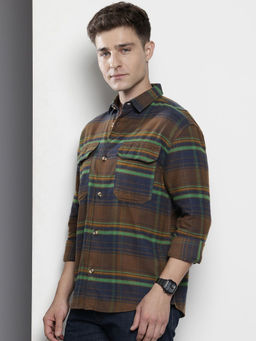 The Indian Garage Co - Men Regular Fit Navy Blue Checked Full Sleeves Cutaway Collar Overshirt