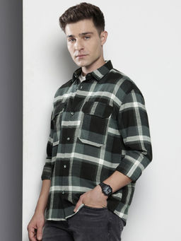 The Indian Garage Co - Men Regular Fit Black Checked Full Sleeves Cutaway Collar Overshirt