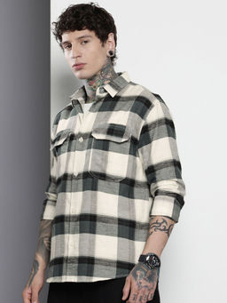 The Indian Garage Co - Men Regular Fit Grey Checked Full Sleeves Cutaway Collar Overshirt