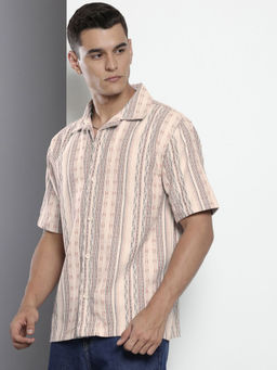 The Indian Garage Co - Men Relaxed Fit Beige Striped Half Sleeves Cuban Collar Shirt