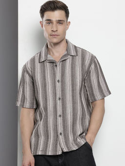 The Indian Garage Co - Men Relaxed Fit White Striped Half Sleeves Cuban Collar Shirt