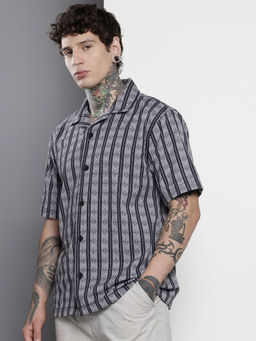 The Indian Garage Co - Men Relaxed Fit Blue Striped Half Sleeves Cuban Collar Shirt