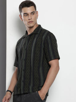 The Indian Garage Co - Men Relaxed Fit Black Striped Half Sleeves Cuban Collar Shirt