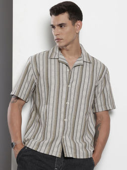 The Indian Garage Co - Men Relaxed Fit Grey Striped Half Sleeves Cuban Collar Shirt