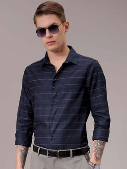 The Indian Garage Co - Men Slim Fit Black Stripes Full Sleeves Party Wear Shirt