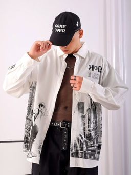 The Indian Garage Co - Men Oversized White Graphic Print Cutaway Collar Street Wear Shirt