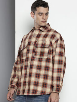 The Indian Garage Co - Men Beige Oversized Checkered Full Sleeves Cutaway Collar Shirt