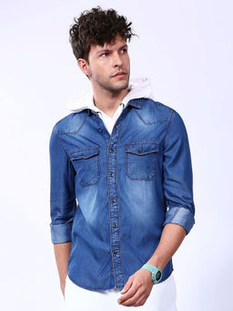 The Indian Garage Co - Men Slim Fit Blue Printed Full Sleeves Cutaway Collar Double Denim Shirt