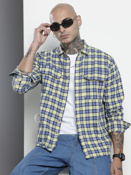 The Indian Garage Co - Men Relaxed Fit Yellow Checked Full Sleeves Cutaway Collar Shirt