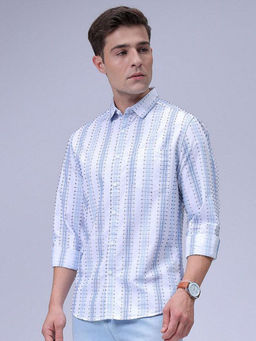 The Indian Garage Co - Men Slim Fit White Striped Full Sleeves Cutaway Collar Casual Shirt