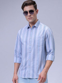 The Indian Garage Co - Men Slim Fit Grey Striped Full Sleeves Cutaway Collar Casual Shirt