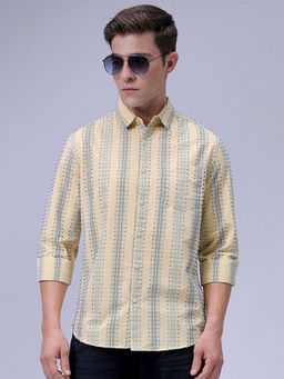 The Indian Garage Co - Men Slim Fit Yellow Striped Full Sleeves Cutaway Collar Casual Shirt
