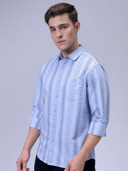 The Indian Garage Co - Men Slim Fit Blue Striped Full Sleeves Cutaway Collar Casual Shirt