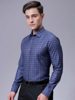 The Indian Garage Co - Men Slim Fit Navy Blue Checkered Full Sleeves Formal Shirt