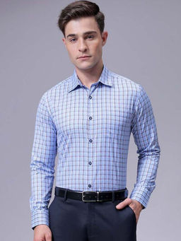 The Indian Garage Co - Men Slim Fit Blue Checkered Full Sleeves Cutaway Collar Formal Shirt