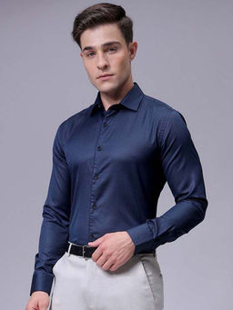 The Indian Garage Co - Men Slim Fit Navy Blue Textured Full Sleeves Cutaway Collar Formal Shirt