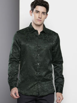 The Indian Garage Co - Men Slim Fit Green Textured Full Sleeves Cutaway Collar Shirt