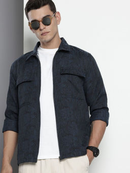 The Indian Garage Co - Men Regular Fit Navy Blue Textured Full Sleeves Cutaway Collar Overshirt