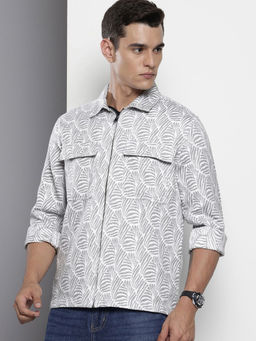 The Indian Garage Co - Men Regular Fit Grey Textured Full Sleeves Cutaway Collar Overshirt