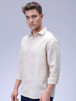 The Indian Garage Co - Men Relaxed Fit Beige Textured Full Sleeves Cutaway Collar Shirt